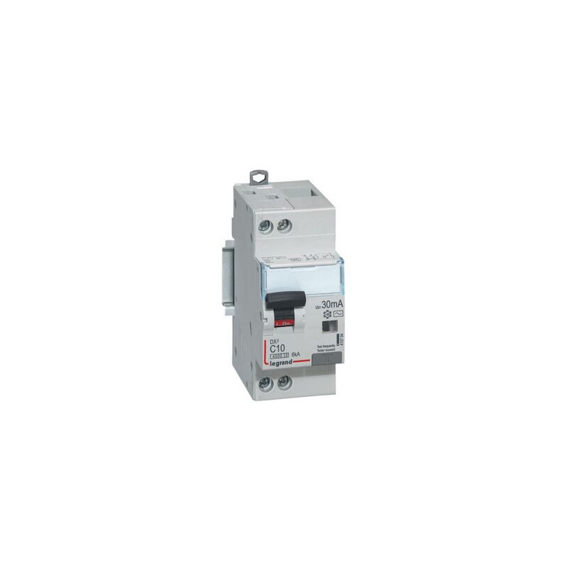 Disjoncteur différentiel DX³4500 arrivée haute et départ bas à vis u+n 230V 10A type ac 30mA courbe c 2 modules Legrand 410704