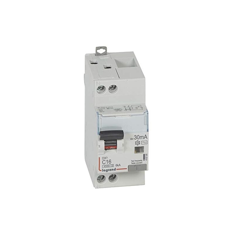 410705 disjoncteur différentiel DX³4500 arrivée haute et départ bas à vis u+n 230V, 16A typeac, 30MA, courbe c, 2 module - Legrand