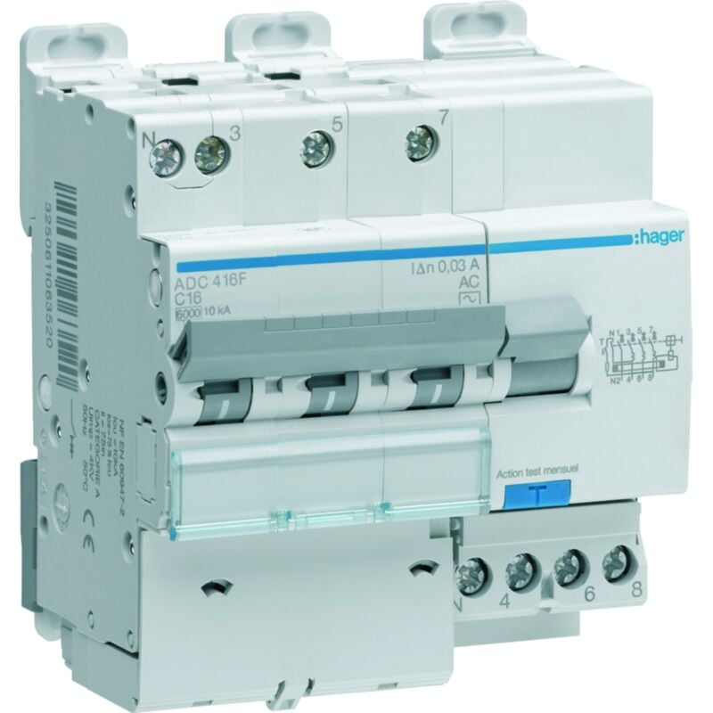 Hager - Disjoncteur Différentiel 3P+N 6-10kA courbe c - 16A 30mA type ac ADC416F