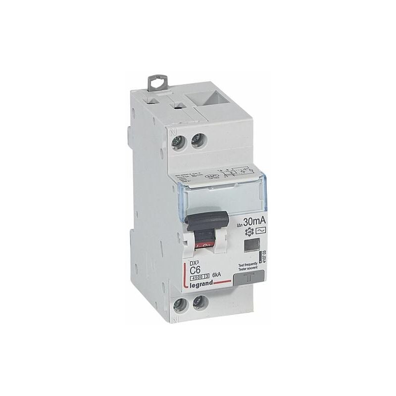 Legrand - Disjoncteur différentiel DX³4500 arrivée haute et départ bas à vis u+n 230V - 6A typeAC 30mA - courbe c - 2 modules