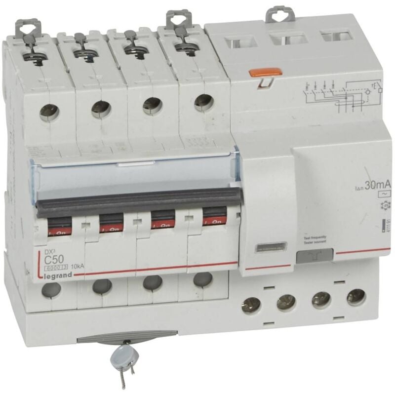 Disjoncteur différentiel monobloc DX³6000 10kA arrivée haute et départ bas à vis 4 Pôles 400V 50A type AC 30mA LEGRAND 411191