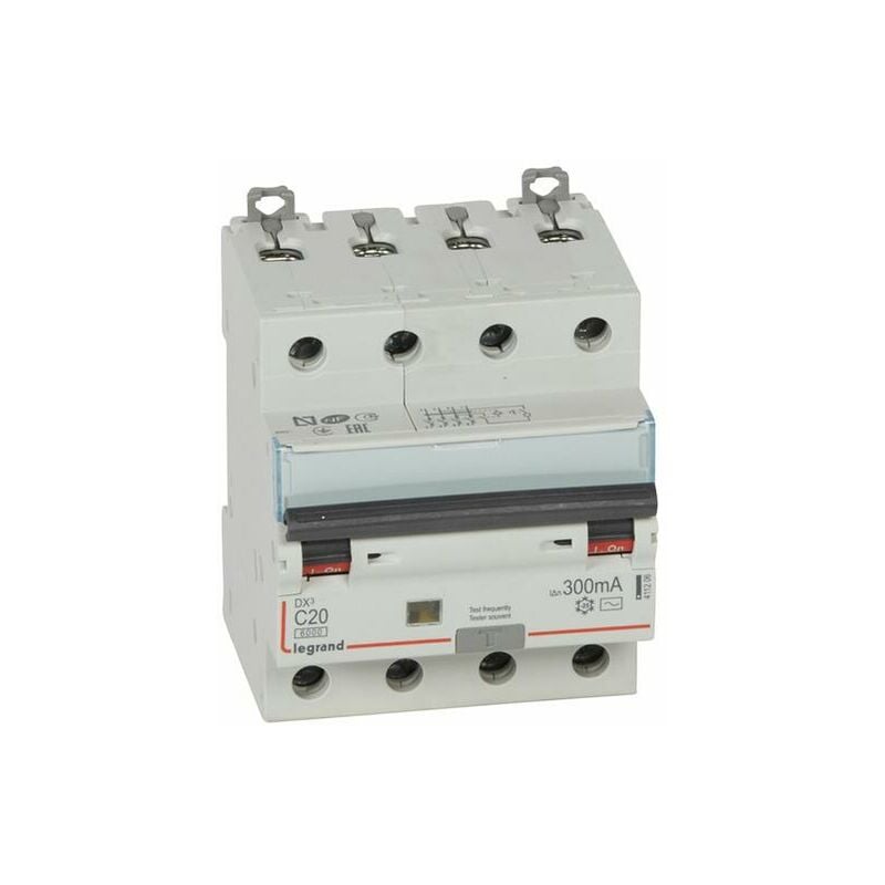 Disjoncteur différentiel monobloc DX³6000 10kA arrivée haute et départ bas à vis 4P 400V - 20A - typeAC 300mA - LEGRAND