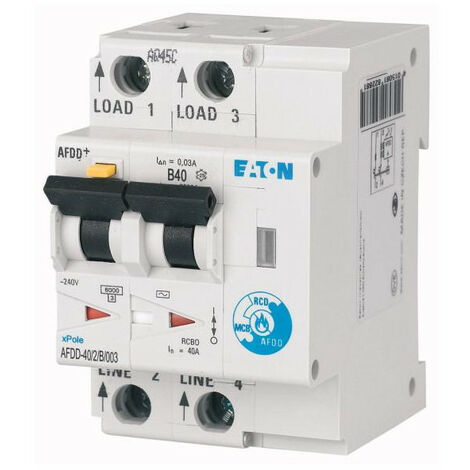 Disj. diff. et de dét d'arc élec. 2 poles 40A courbe B 30mA type AC 000187236 EATON AFDD 40/2/B/003