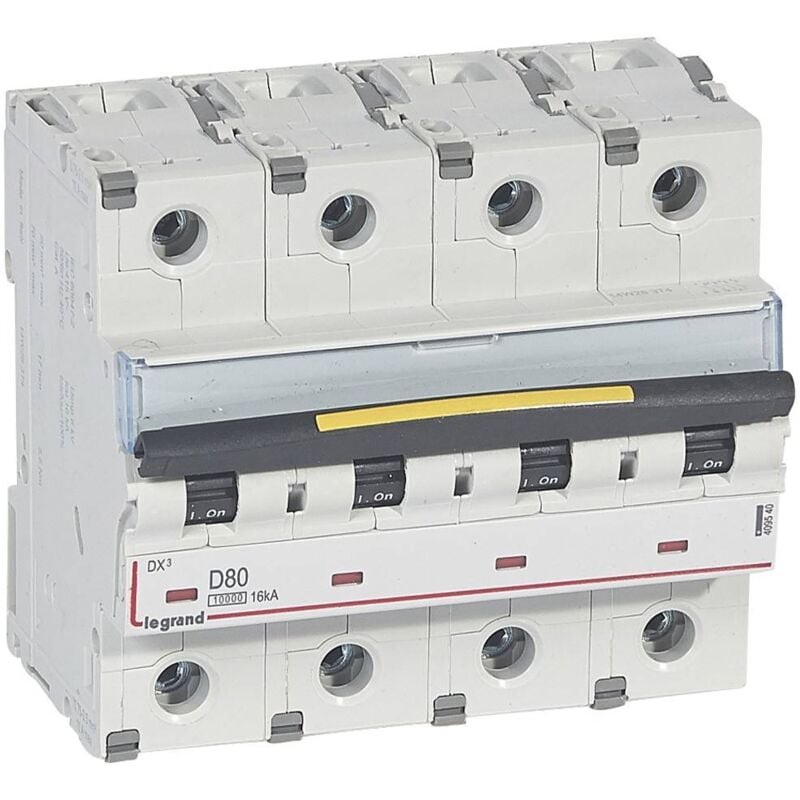 Disjoncteur DX³10000 16kA arrivée haute et départ bas à vis 4 Pôles 400V 80A courbe d 6 modules Legrand 409540