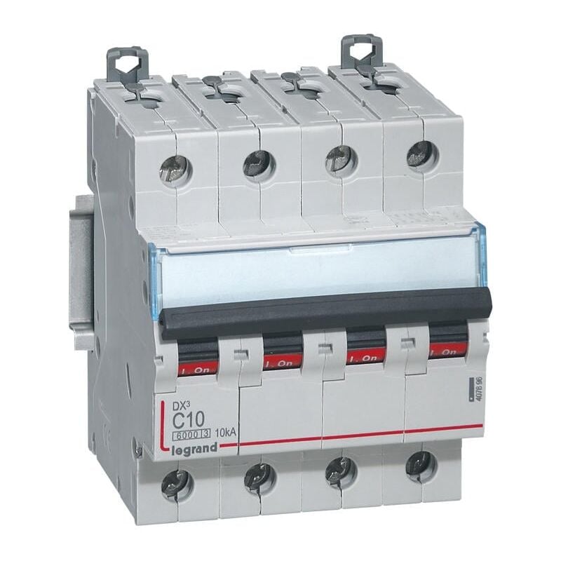 Disjoncteur DX³6000 10kA arrivée haute et départ bas à vis 4P 400V - 10A - courbe c - pour peigne HX³ traditionnel Legrand