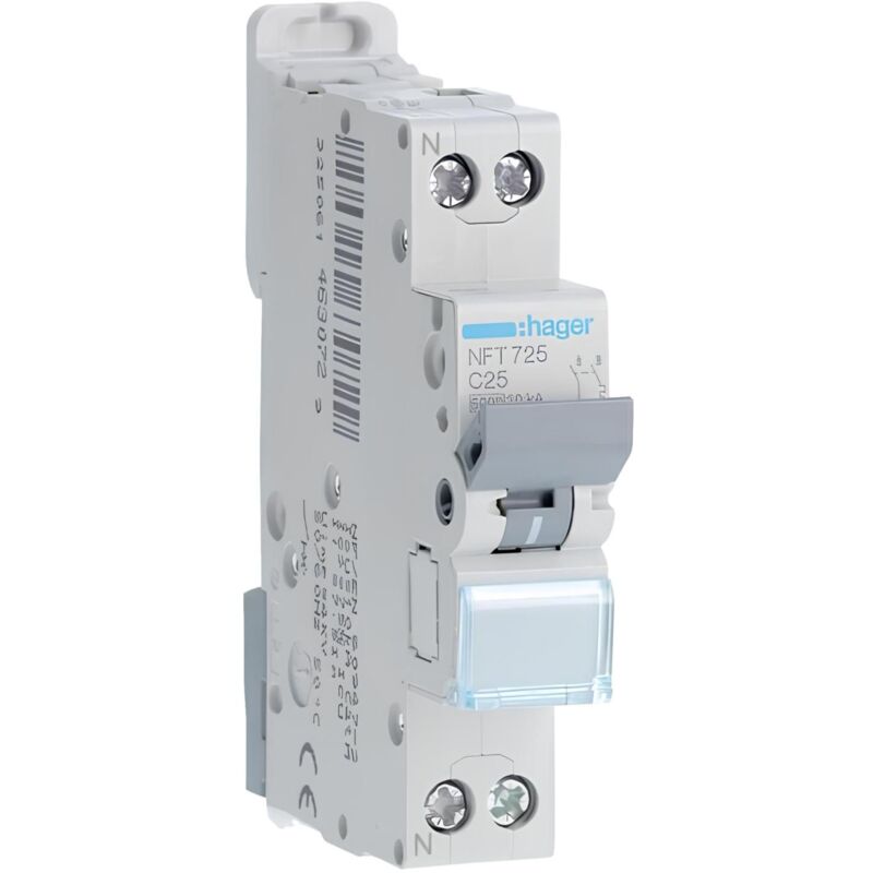 Nft725 Disjoncteur Hager 25a - 1p+n - 6-10ka - Courbe c - Bornes Décalées à Vis - Nft - 1 Module