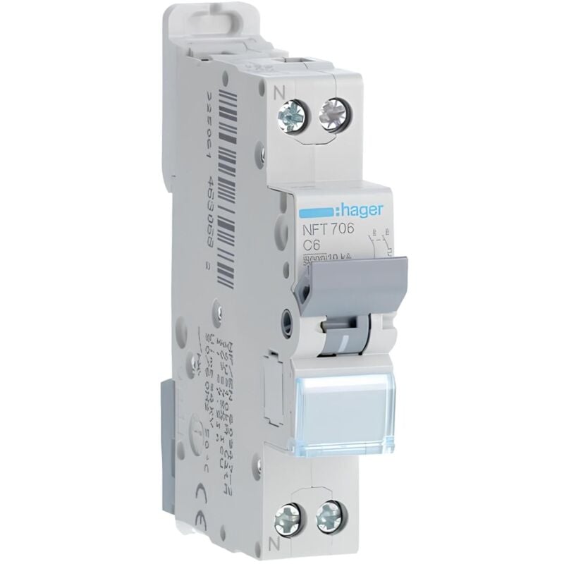 Nft706 Disjoncteur Hager 6a - 1p+n - 6-10ka - Courbe c - Bornes Décalées à Vis - Nft - 1 Module