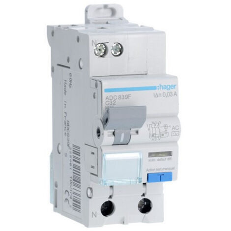 Disj.dif 1P+N 4.5kA C-32A 30mA - DISJ. DIFF.PH-N HAGER ADC839F