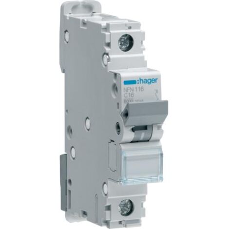 Disjoncteur 1 Pôle 6-10kA courbe C 16A 1 module HAGER NFN116