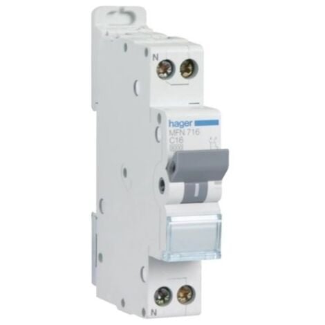 HAGER Disjoncteur 16A 1P+N 3kA courbe C connexion à vis 1 Module