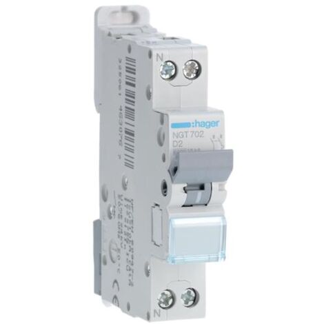 Disjoncteur 1P+N 6-10kA courbe D 2A 1 module HAGER NGT702