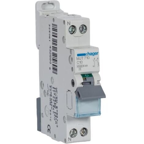 Disjoncteur 1P+N 6kA courbe C 10A 1 module HAGER MJT710