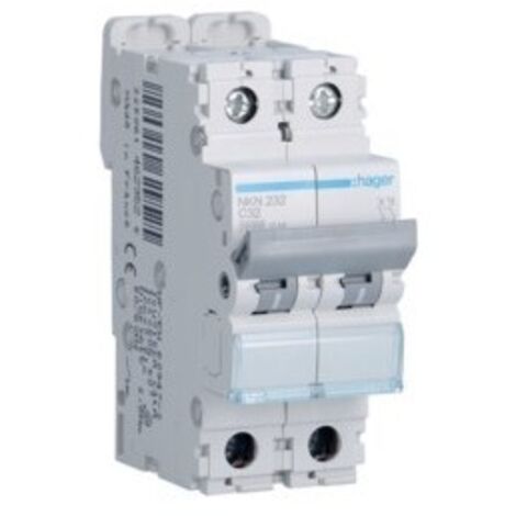 Disjoncteur 2 Pôles 10-15kA courbe C 32A 2 modules HAGER NKN232