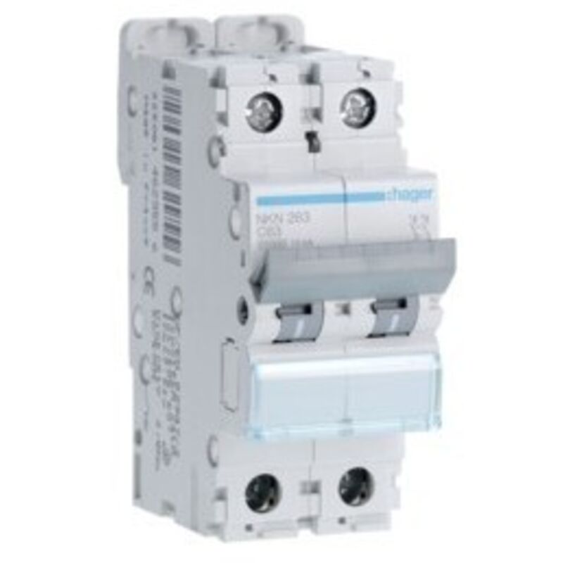 Disjoncteur 2 Pôles 10-15kA courbe c 63A 2 modules Hager NKN263