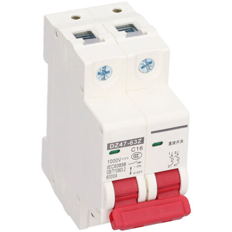 Disjoncteur 2P 16A 1000V DC, 6000A de capacité de rupture, installation sur rail DIN pour circuits basse tension