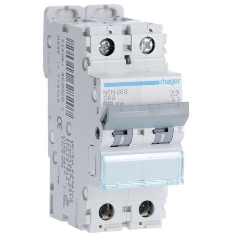 Disjoncteur 2 Pôles 10kA courbe C 63A 2 modules HAGER NFN263
