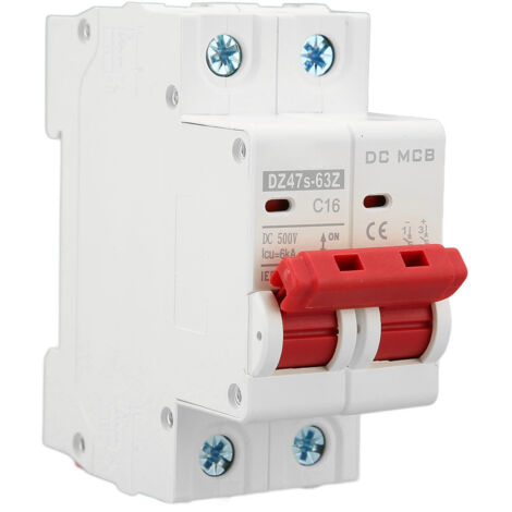 Disjoncteur 2P DC 500V 16A pour rail DIN, capacité de rupture 6000A, protection électrique