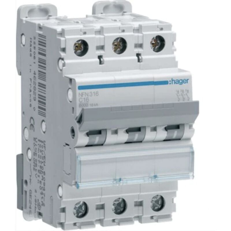 Nfn316 Disjoncteur Hager Triphasé 16a - 3p - 6-10ka - Courbe c - Nfn - Bornes Alignées à Vis - 3 Modules
