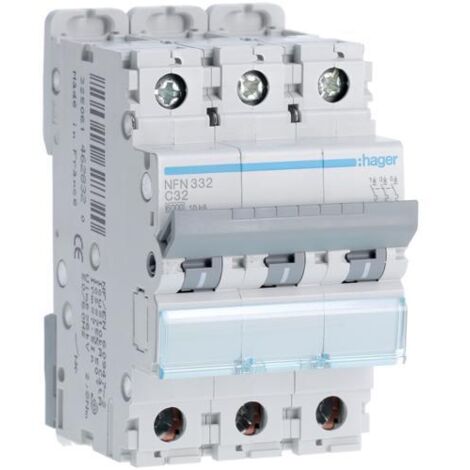 Disjoncteur 3P 6-10kA courbe C - 32A 3 modules HAGER NFN332