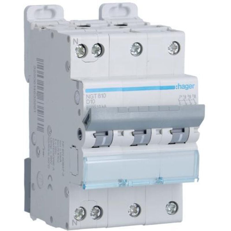 Disjoncteur 3P+N - 6-10kA - 10A - 3 modules - Courbe D - NGT810 - Hager
