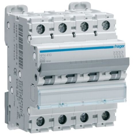 Disjoncteur 4P 6-10kA courbe C - 10A 4 modules HAGER NFN410