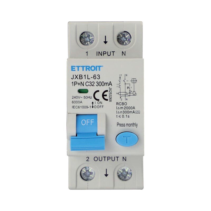 Disjoncteur à courant résiduel 1P+N, 2 modules, 230Vac, 32A, 300mA, 6KA, classe A
