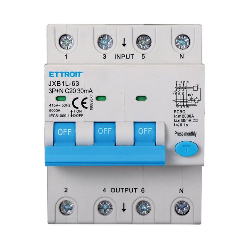 Ettroit - Disjoncteur à courant résiduel 3P+N 20A 30mA 380V-6KA classe a