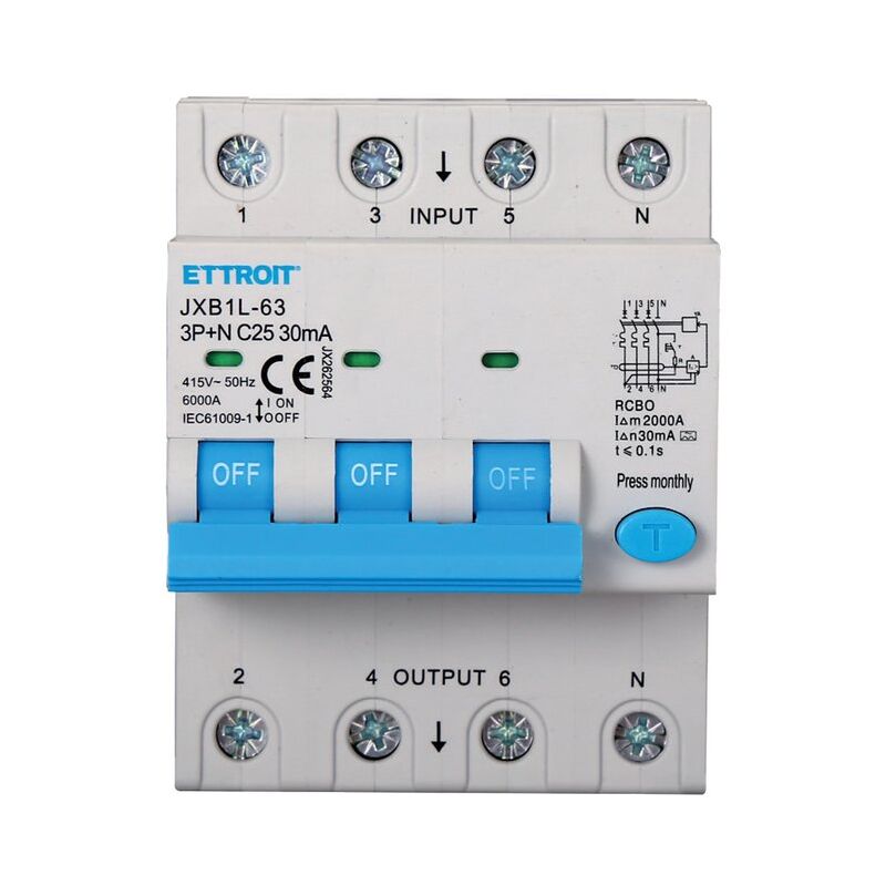 Ettroit - Disjoncteur à courant résiduel 3P+N 32A 30mA 380V-6KA classe a