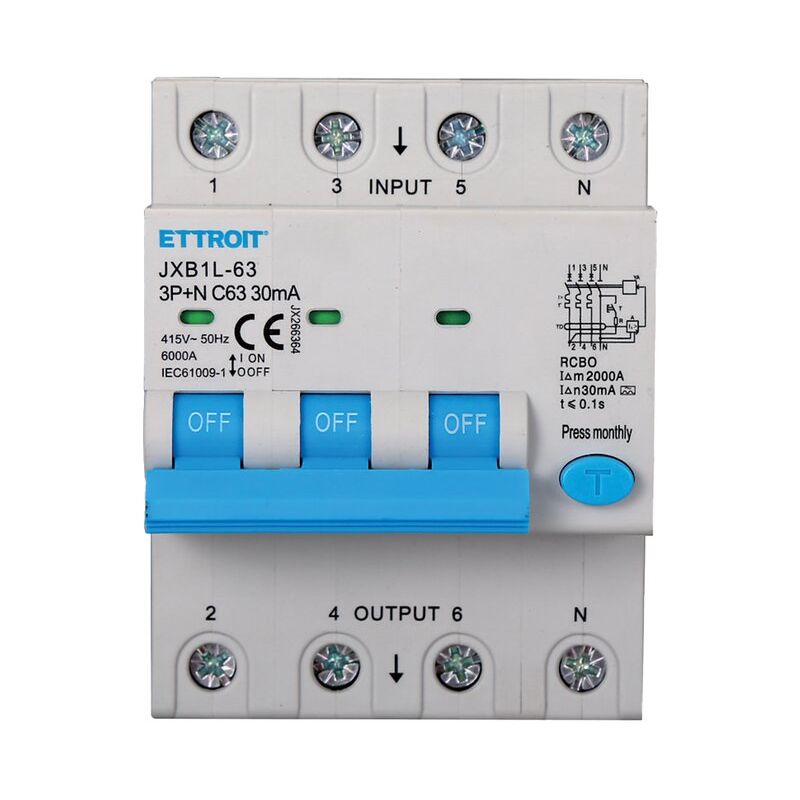 Ettroit - Disjoncteur à courant résiduel 3P+N 63A 30mA 380V-6KA classe a
