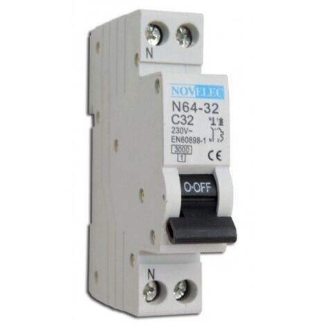Disjoncteur bipolaire 32A courbe C 3kA – Coupure phase et neutre – Connexion vis norme NF – Pour tableaux électriques résidentiels – Nov'Elec