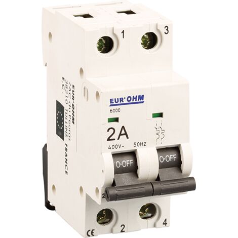 Disjoncteur bipolaire courbe C connexion vis haut/bas - IP20/IK02 2A 6kA