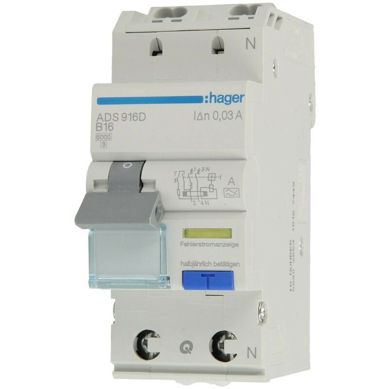 ADS916D Interrupteur différentiel/Disjoncteur de protection 2 pôles 16 a 0.03 a 240 v Q001633 - Hager