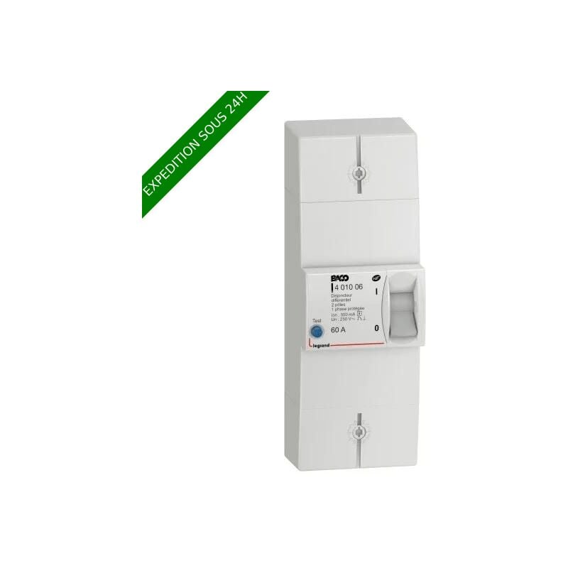 Disjoncteur de branchement enedis bipolaire différentiel 500MA sélectif intensité 60A non réglable 401006