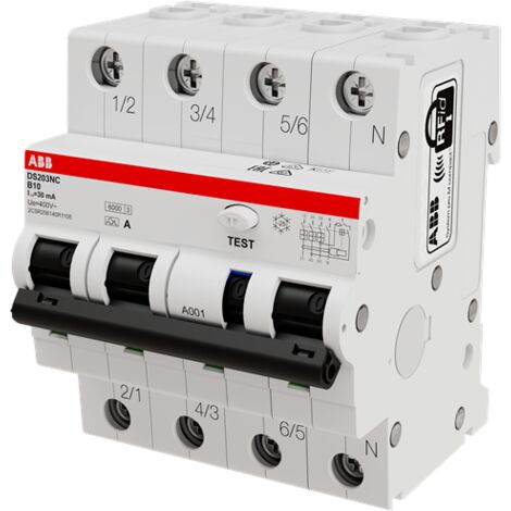 Disjoncteur Diff. Compact 3P+N (droite) 10A Icu-10kA cbe B 30mA Type A 2CSR256140R1105 ABB T207812
