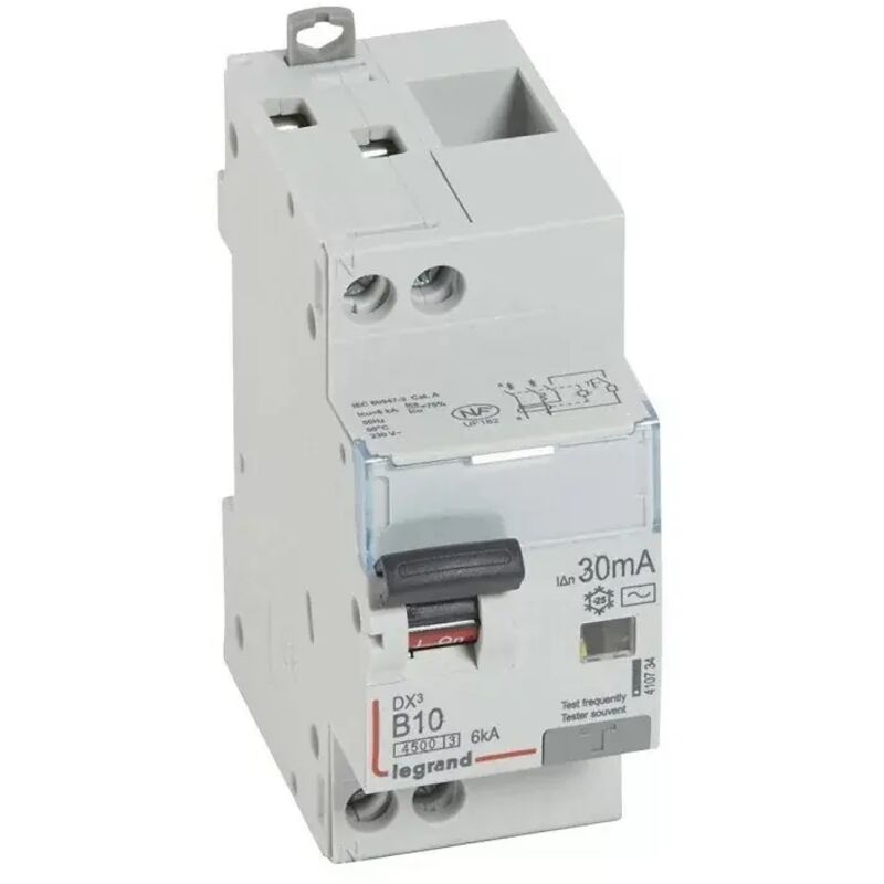 Disjoncteur diff DX³ 4500 -vis/vis- u+n 230V10A typeac 30MA 6KA courbe b 2 m Legrand 410734