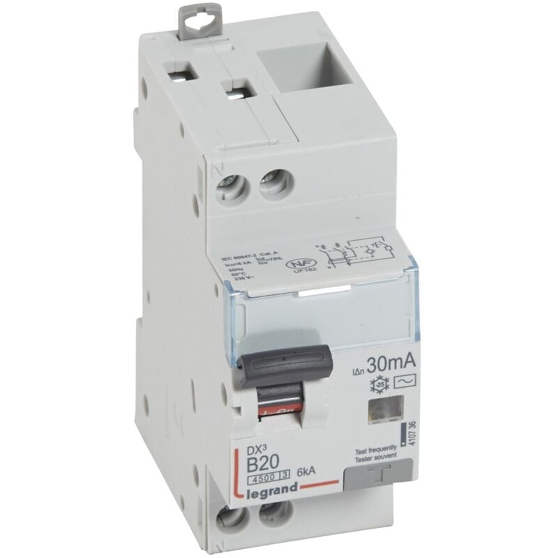 Disjoncteur différentiel DX³4500 arrivée haute départ bas à vis u+n 230V 20A type ac 30mA courbe b 2 modules Legrand 410736