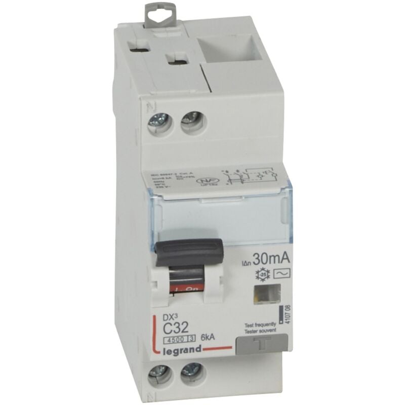 Legrand - Disjoncteur différentiel DX³4500 arrivée haute et départ bas à vis u+n 230V 32A type ac 30mA courbe c 2 modules 410708