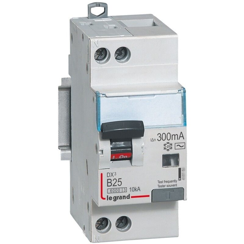 Disjoncteur diff DX³ 6000 10 ka u+n 230V- type ac 300MA 25 a courbe b 2 modules Legrand 410901