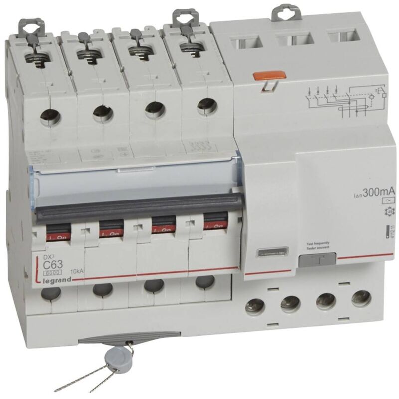 Disjoncteur différentiel monobloc DX³6000 10kA arrivée haute et départ bas à vis 4 Pôles 400V 63A type ac 300mA Legrand 411211