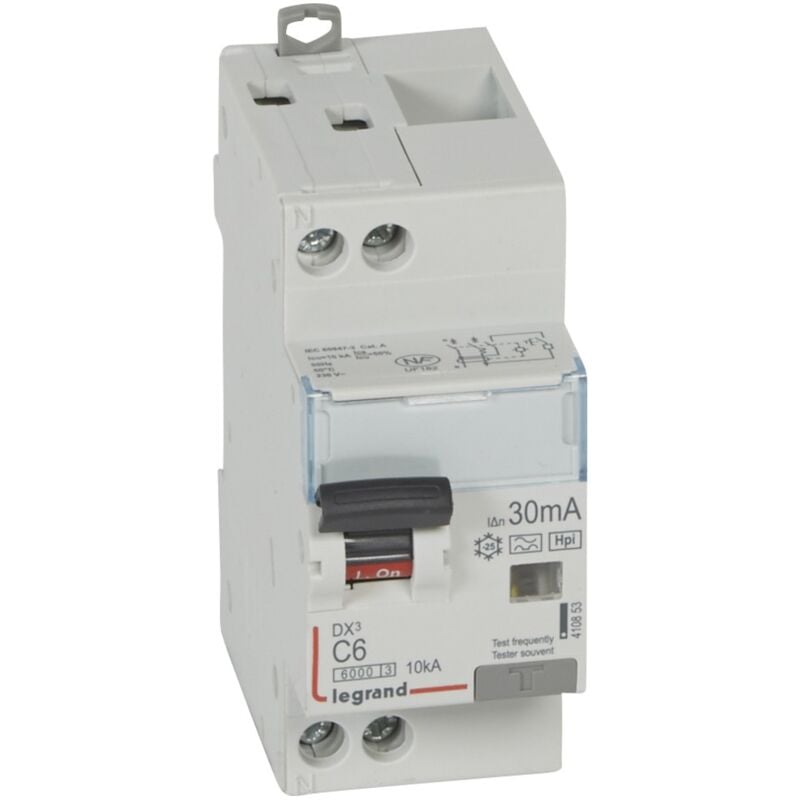 Disjoncteur diff DX³ 6000 -vis/vis-u+n 230V- 6 a type hpi 30 MA-10 ka courbe c 2M Legrand 410853