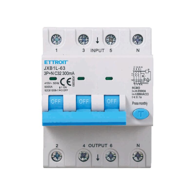 Life-saving differential magnetothermic switch for din rail 4 modules 3P+N 32A C32 380V 300mA 6KA