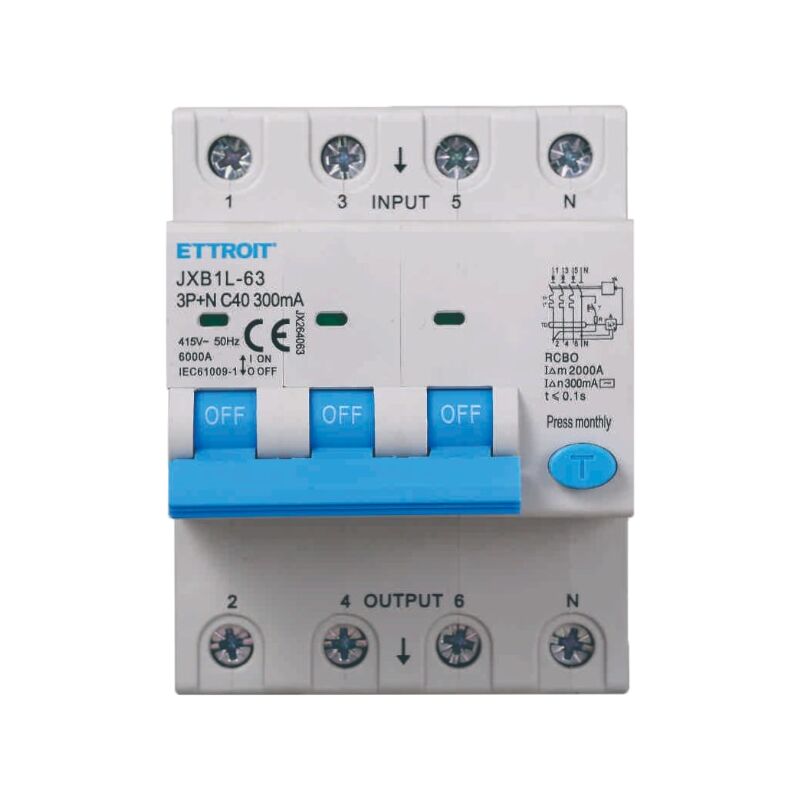 Interrupteur magnétothermique différentiel life-saving pour rail din 4 modules 3P+N 40A C40 380V 300mA 6KA