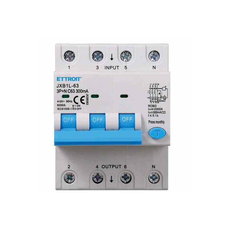 Interrupteur magnétothermique différentiel life-saving pour rail din 4 modules 3P+N 63A C63 380V 300mA 6KA