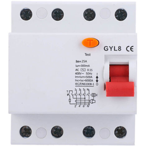 Disjoncteur différentiel 4P 25A 300mA 400V AC - Protection fuites de courant IP20 50/60Hz