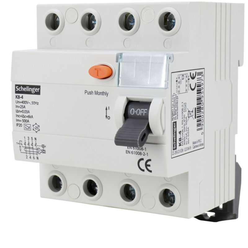 Schelinger - Disjoncteur différentiel 4P 25A 30mA - Type a - 4 modules - Rail din - IP20