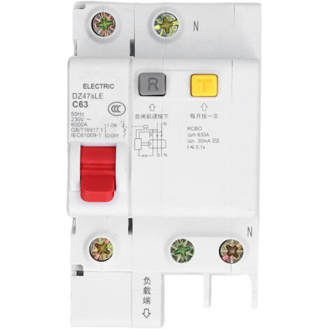 Disjoncteur différentiel 63A 1P+N 230V pour rail DIN, protection courant résiduel, modèle DZ47sLE C63