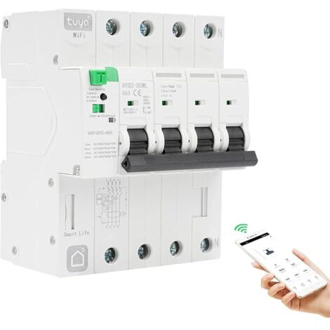 Disjoncteur différentiel 63A 30ma Interrupteur différentiel WiFi Automatique tuya APP Reclosing Disjoncteurs électriques 380V 4P Protection contre les fuites réenclenchable sous tension.
