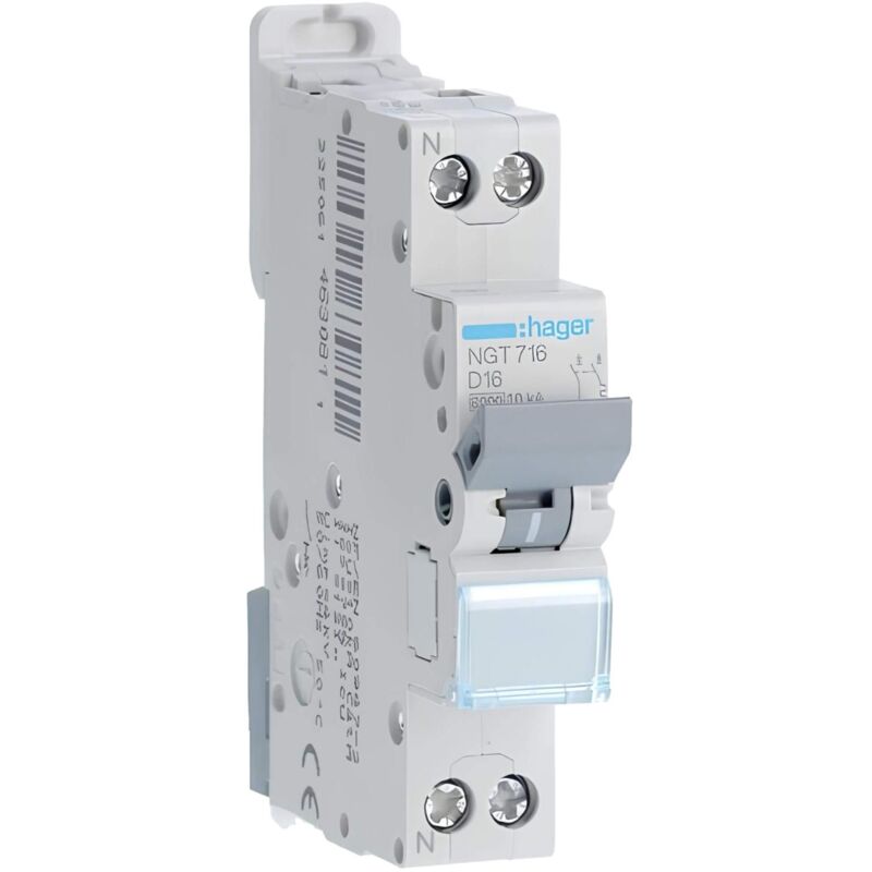 Ngt716 Disjoncteur Hager 16a - 1p+n - 6-10ka - Courbe d - Bornes Décalées à Vis - Ngt - 1 Module