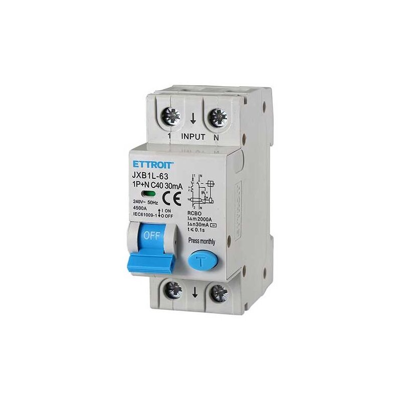 Disjoncteur différentiel dispositif de protection 1P+N 40A 4.5kA 30mA 220V 2 Modules din Ettroit JXB1L-63-1P+N-40A