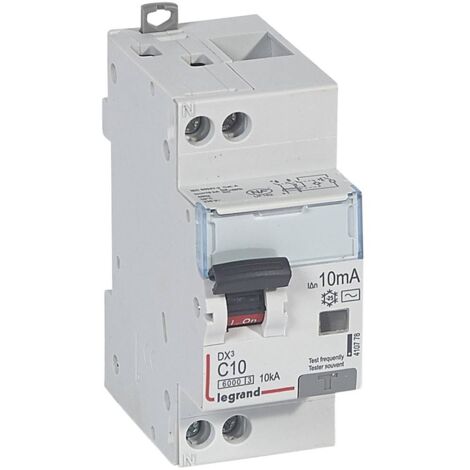 DISJONCTEUR DIFFERENTIEL DX³ 6000 VIS/VIS U+N 230V 10A TYPE AC 10MA 10KA COURBE C 2 MODULES LEGRAND 410778